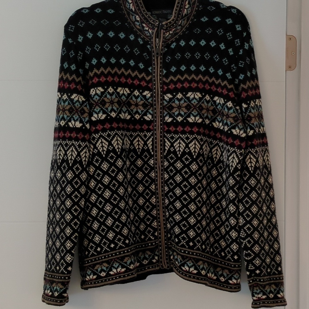 Nomadic Traders Ramie Cotton Mix Fair Isle Grandpa Front Zipper Pullover Sweater